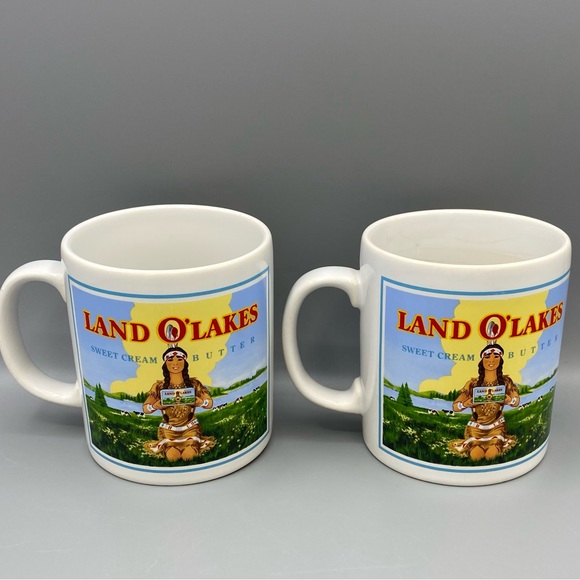 Land O Lakes Mug Vintage Coffee Tea Native American Maiden Retired Set Of 2 Flaw - Picture 2 of 8